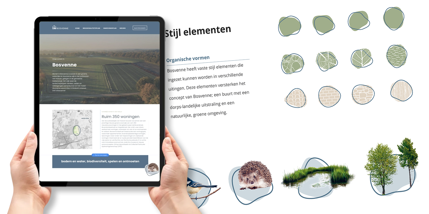 Stijlelementen Bosvenne Handen houden een tablet vast waarop een website te zien is, naast afbeeldingen van planten, bomen en milieusymbolen.