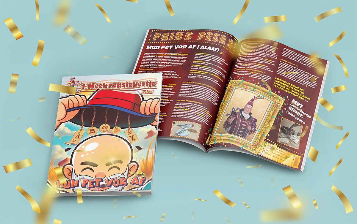 Een tijdschrift met een kale man op de cover is omgeven door gouden confetti.