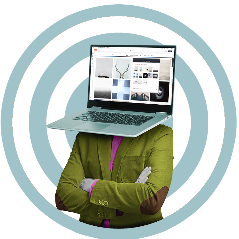 Een persoon in een groene blazer met de armen over elkaar, wiens hoofd vervangen is door een opengeklapte laptop.