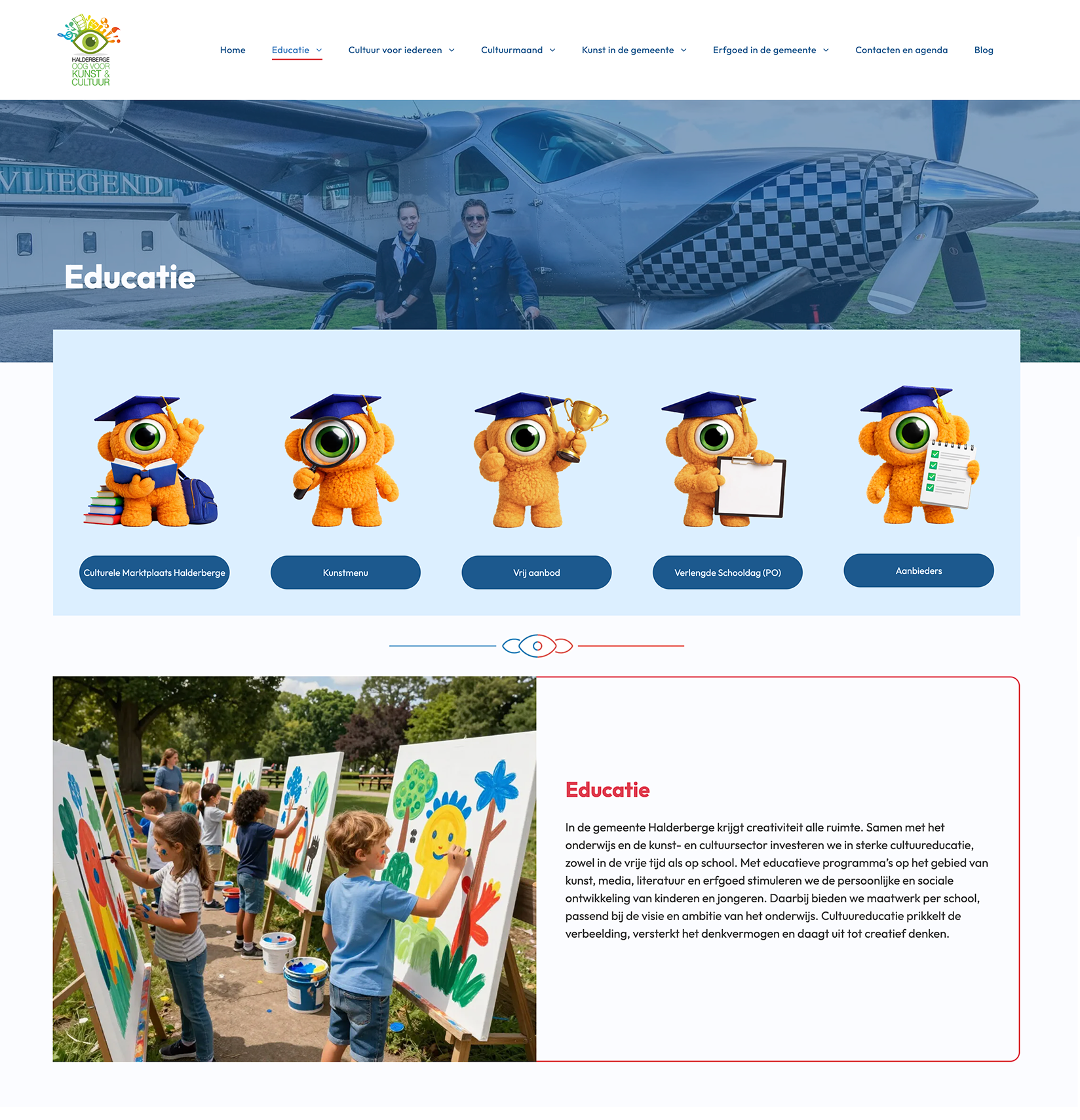 Een webpagina met een cartoonmascotte, foto's van studenten en informatie over campusvoorzieningen, technologie en nieuws.