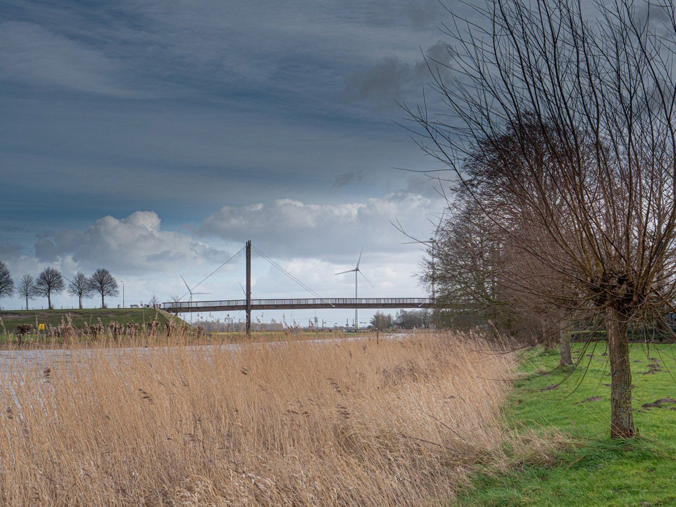 Een brug over een rivier in een veld met bomen op de voorgrond en een bewolkte lucht op de achtergrond.