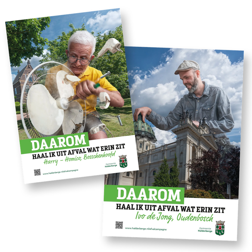 Twee posters tonen mensen die afval demonteren of inspecteren. Ter bevordering van het bewustzijn over recycling.
