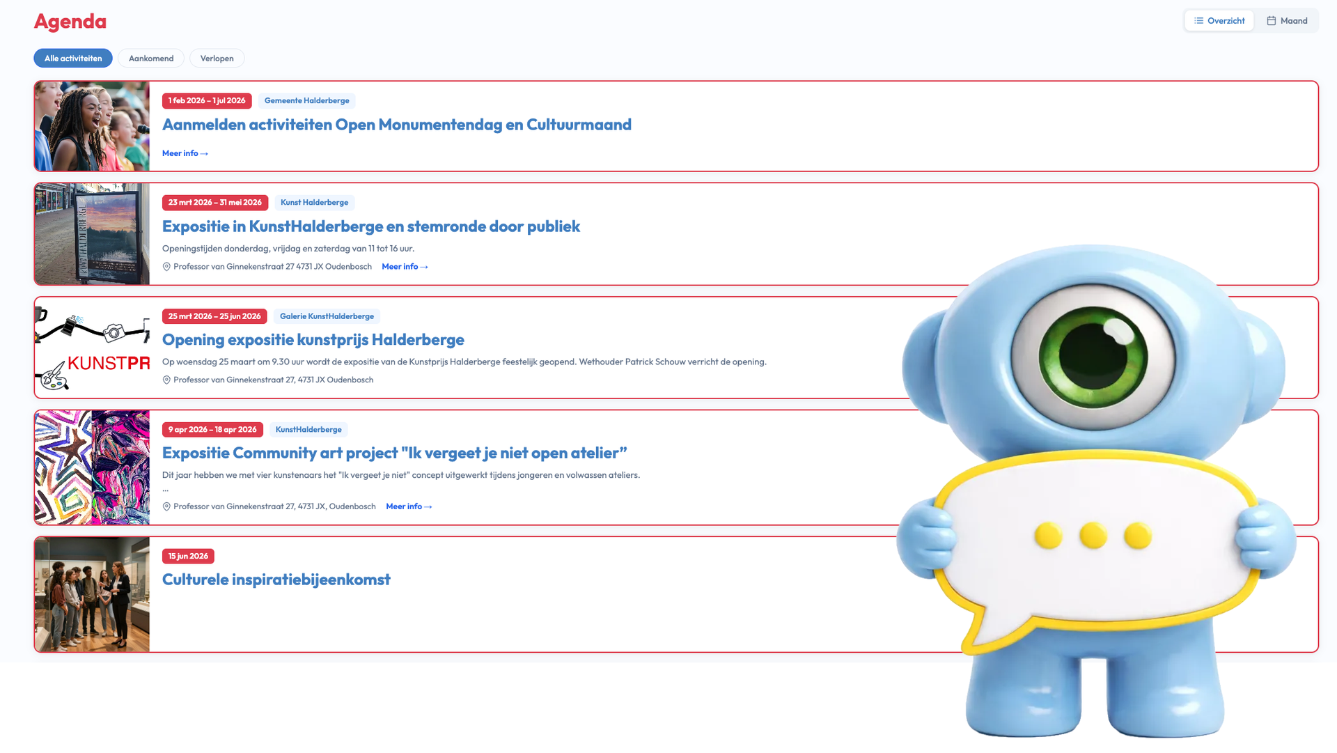 Een oranje mascotte met een afstudeerhoedje houdt een checklist vast voor een raster met voorbeelden van websiteartikelen.