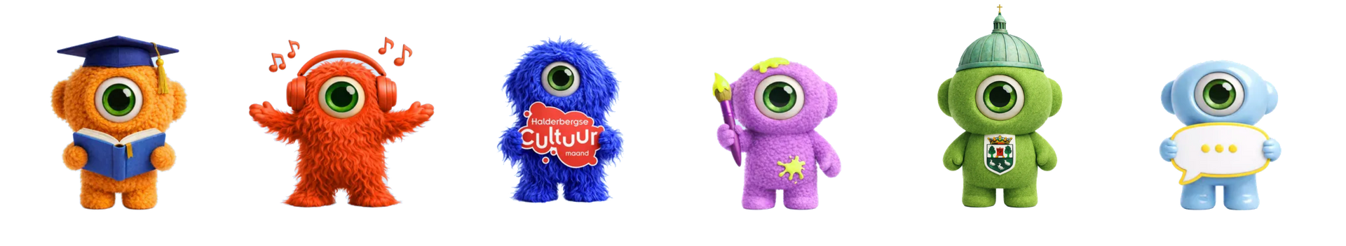 Een smartphone, laptop, desktopmonitor en tablet waarop een website te zien is met een rij kleurrijke monsterfiguren.