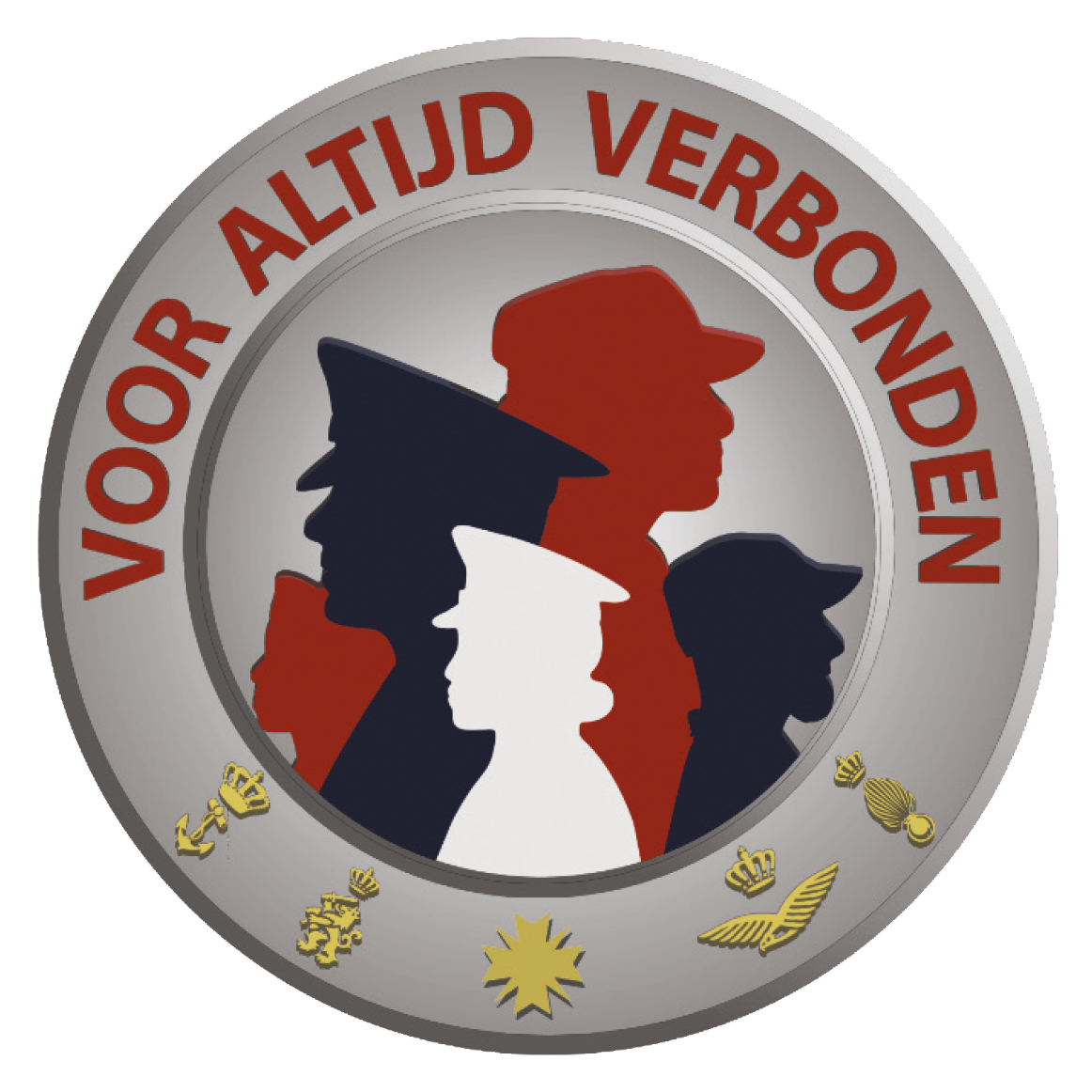 A metallic emblem featuring four silhouettes in a circle, inscribed