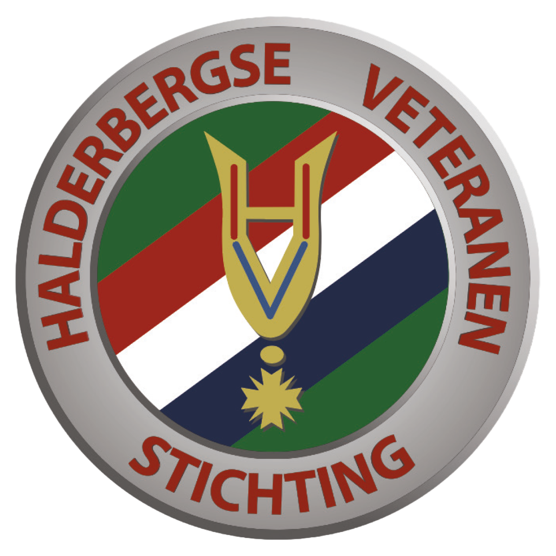 Logo van de Halderbergse Veteranen Stichting: een rond embleem met een medailleafbeelding.