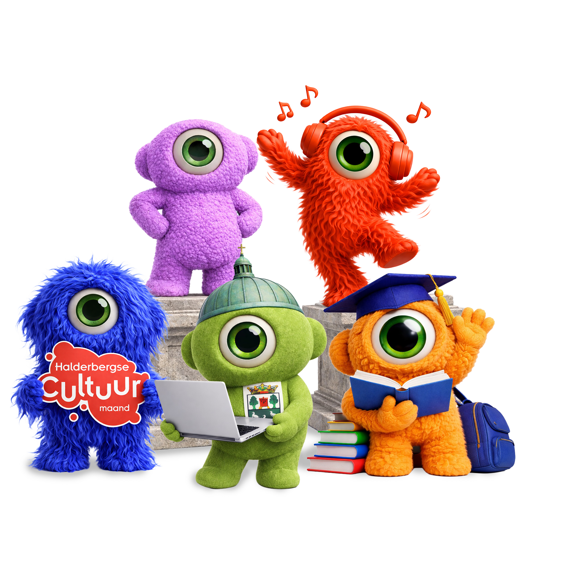 Vijf pluizige, eenogige monsters. Eén luistert muziek, één houdt bord vast, één gebruikt laptop en één draagt een hoed.