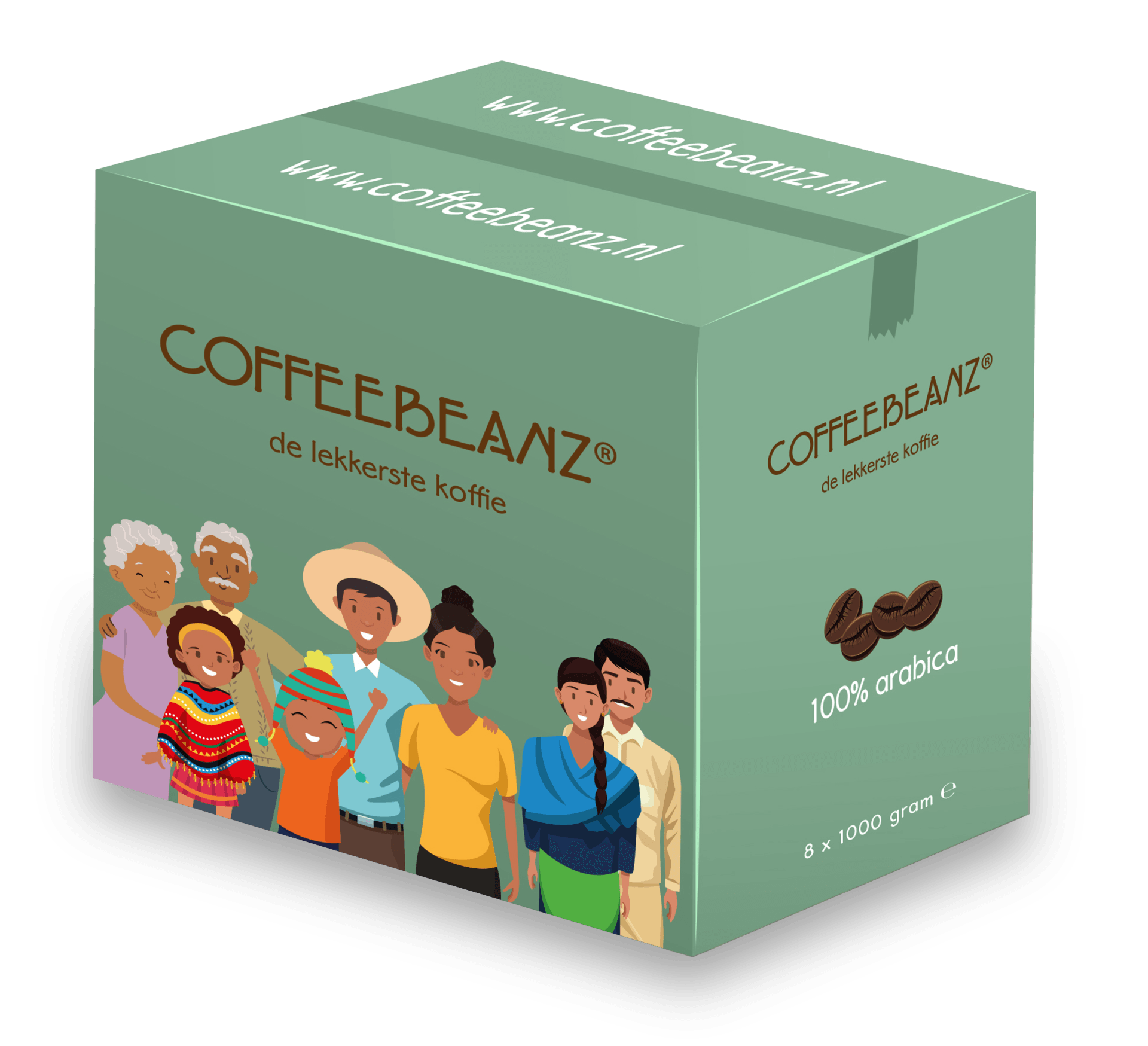 Een doos koffiebonen met een groep mensen erop