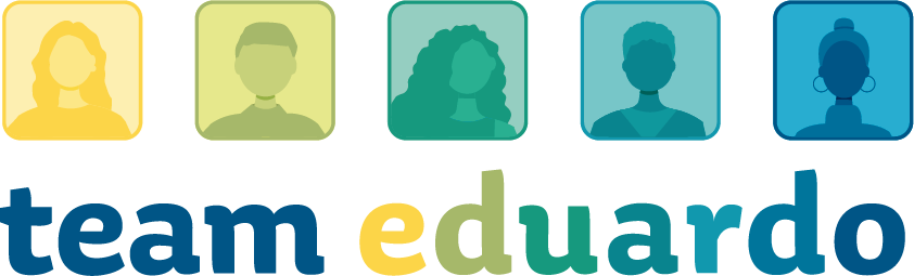 Een logo voor team eduardo met silhouetten van mensen in vierkanten