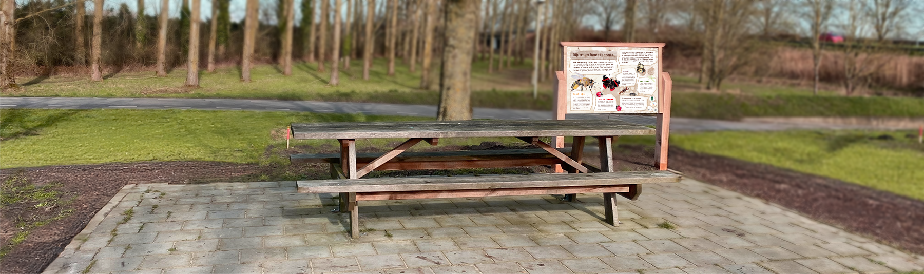 Een houten picknicktafel staat midden in een park.