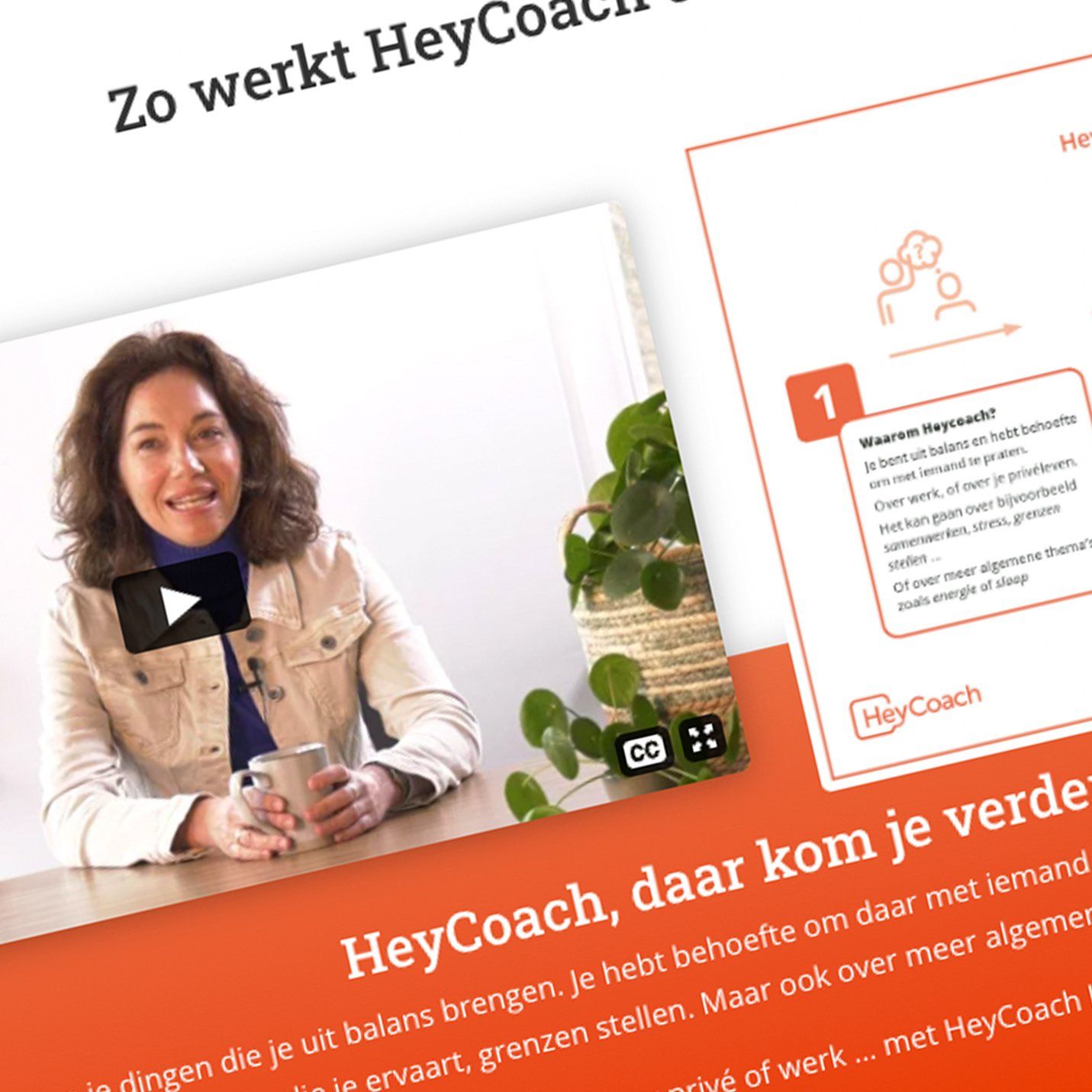 Een vrouw zit aan een tafel met een kop koffie voor een bordje met de tekst heycoach daar kom je verde