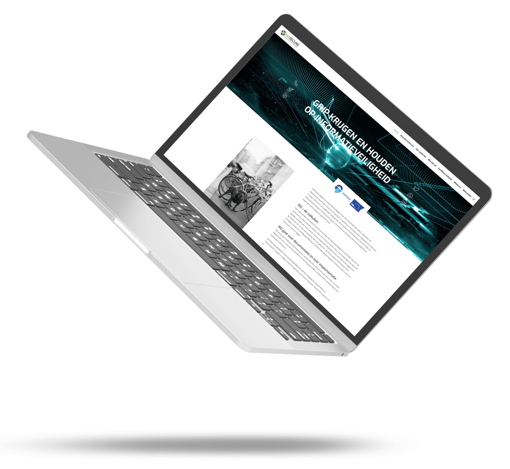 Een laptop zweeft in de lucht met een website op het scherm.