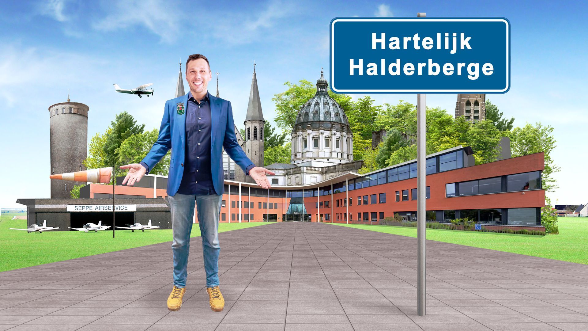 A man standing in front of a sign that says harteljik halderberge
