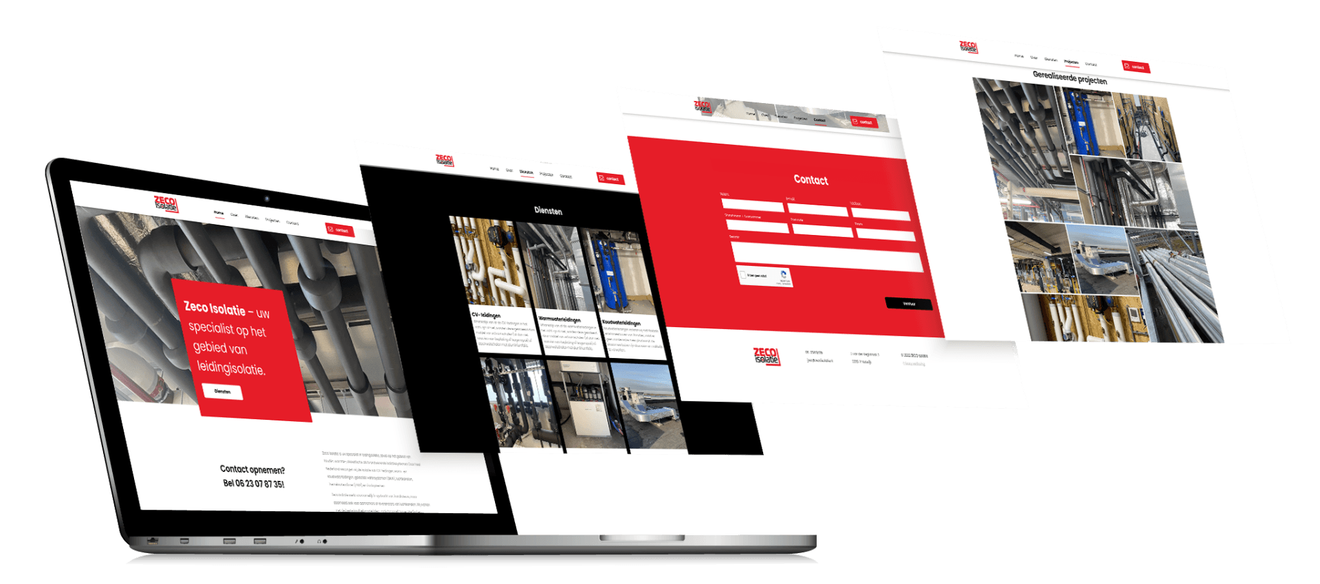 Een laptop, tablet en telefoon tonen een website.