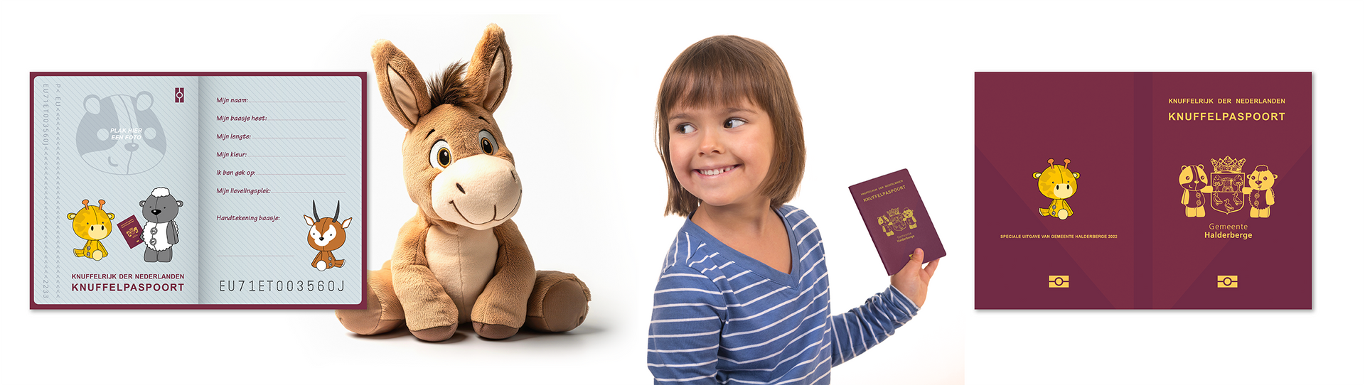 Een klein meisje houdt een knuffelezel en een paspoort vast.