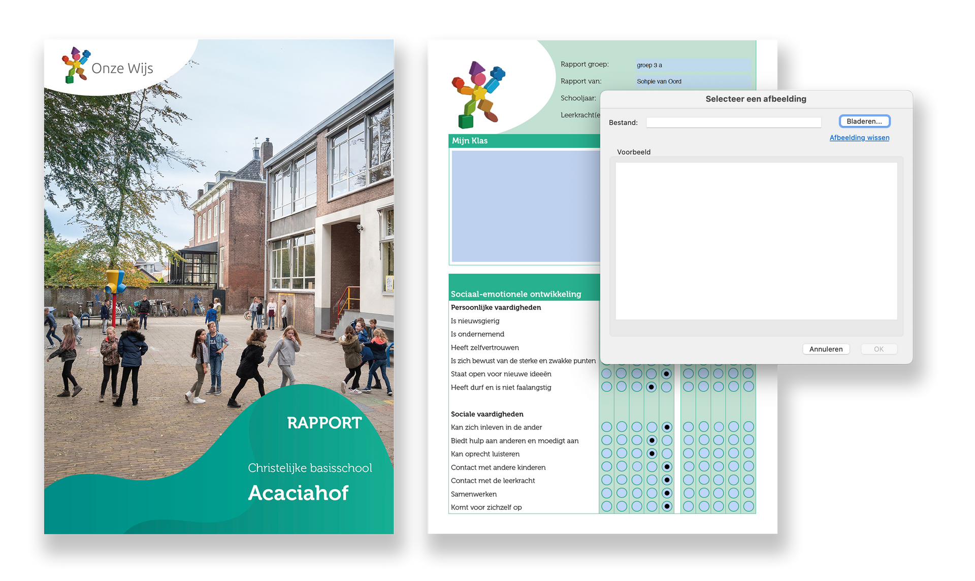 Een rapportomslag en een bijbehorend digitaal evaluatieformulier voor de Acadahof-school.