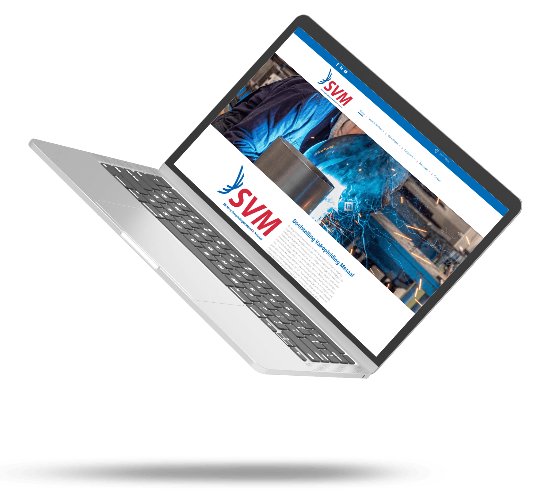 Er zweeft een laptop in de lucht met een website op het scherm.