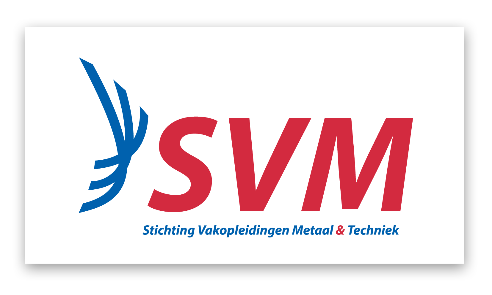 Een blauw en rood svm-logo op een witte achtergrond