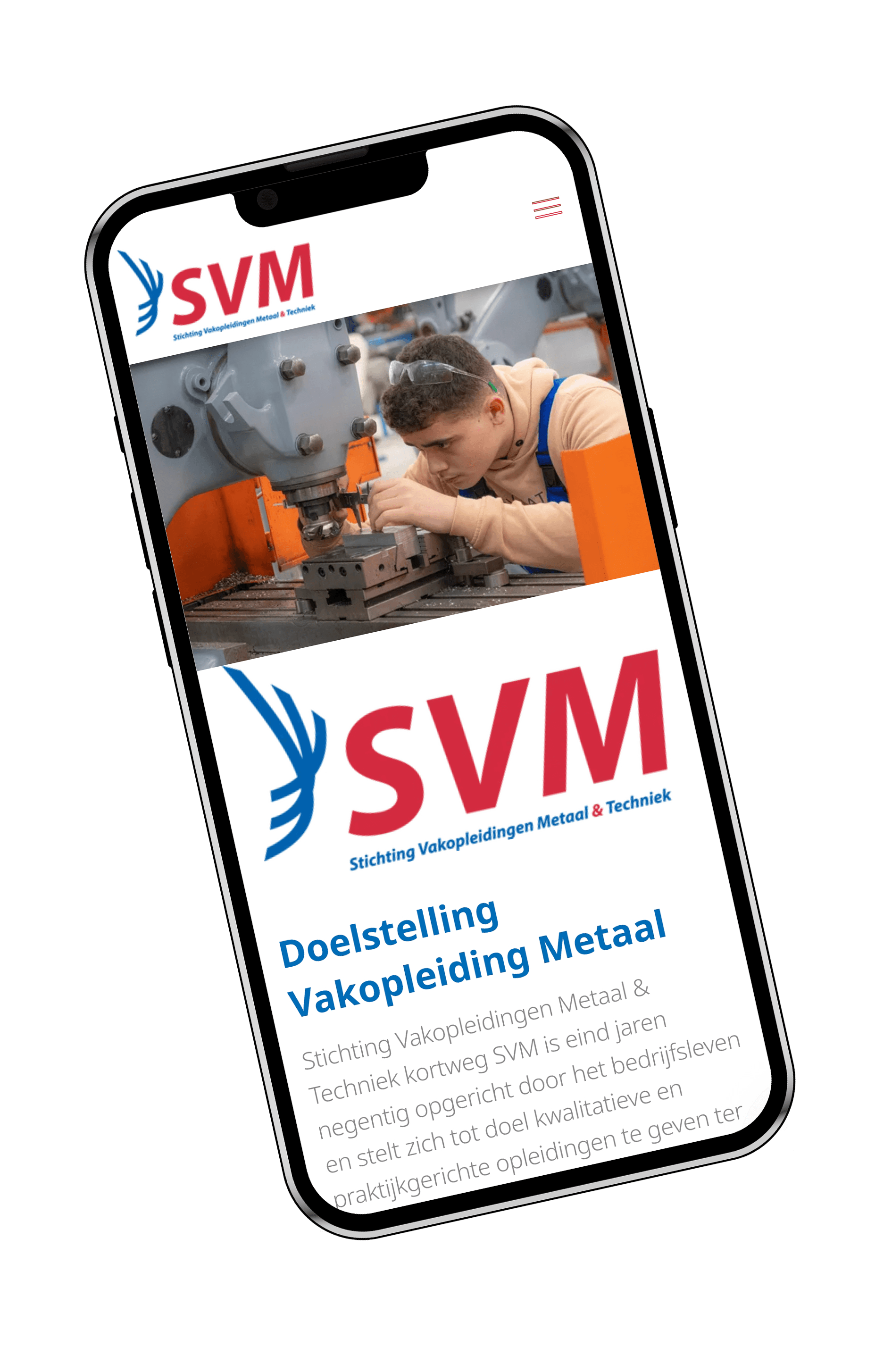 Een mobiele telefoon met op het scherm een afbeelding van een man die aan een machine werkt.