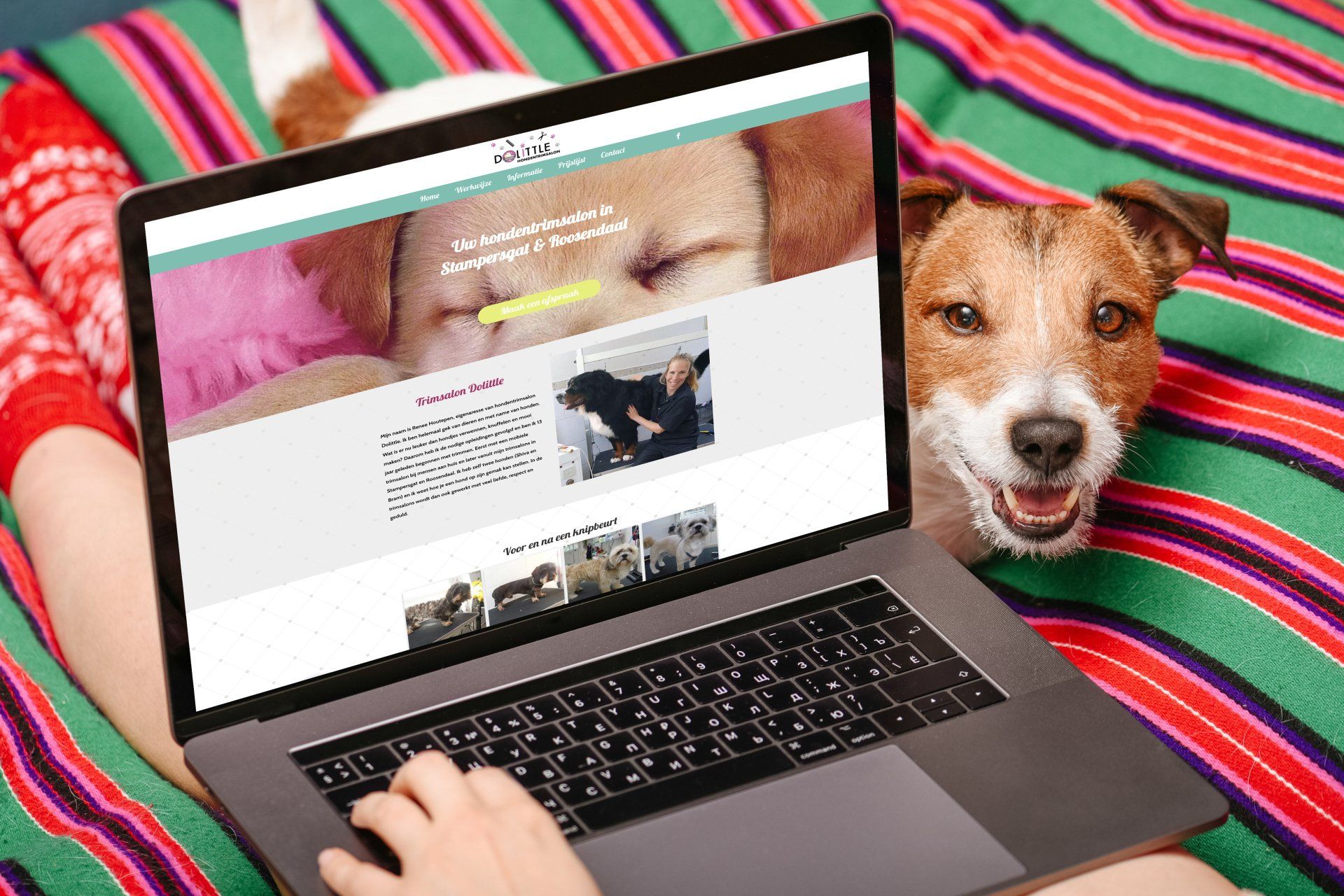 Iemand gebruikt een laptop terwijl er een hond naast hem zit.