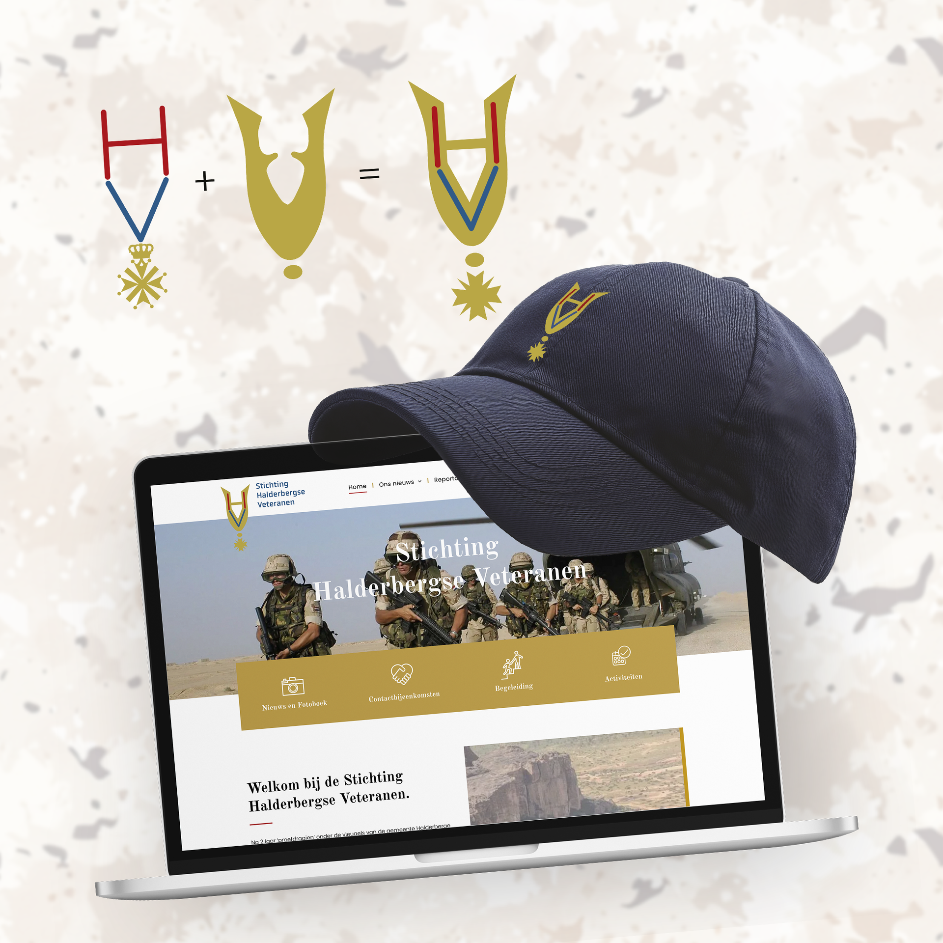 Een laptop waarop een website over veteranen te zien is, met daarop een donkerblauwe baseballpet met een gouden embleem.