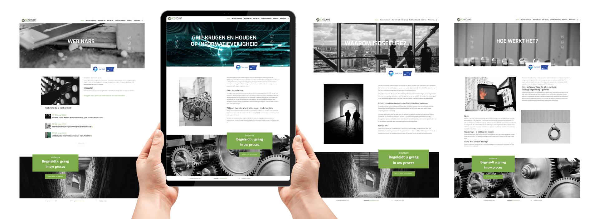 Een persoon houdt een tablet vast met daarop een website.