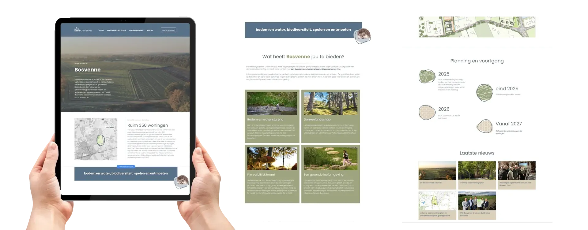 Een persoon houdt een tablet vast met daarop een website.