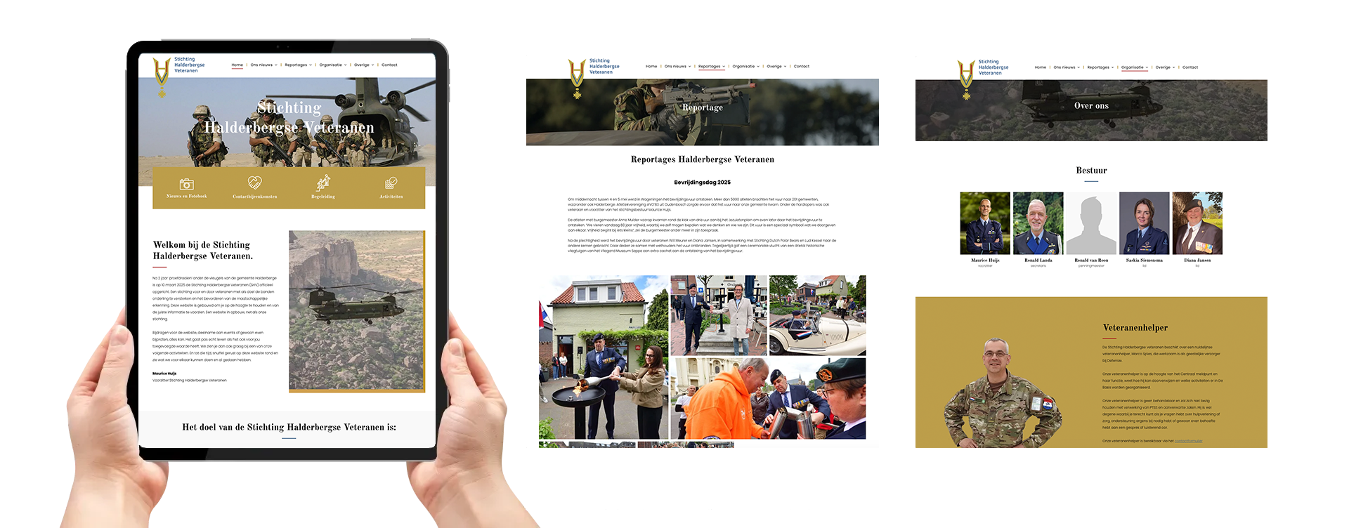 Een hand houdt een tablet vast waarop een drie pagina's van een veteranen website wordt weergegeven