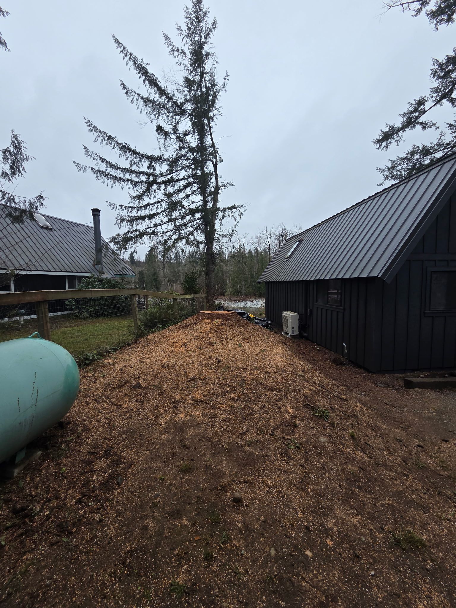 Leaf-covered mound between dark houses and a tall tree on an overcast day
