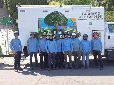 Group of workers in blue shirts standing in front of a company truck with a tree logo and phone number.
