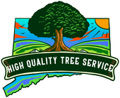 High Quality Tree Service logo with a large tree over a green landscape and sunlit sky