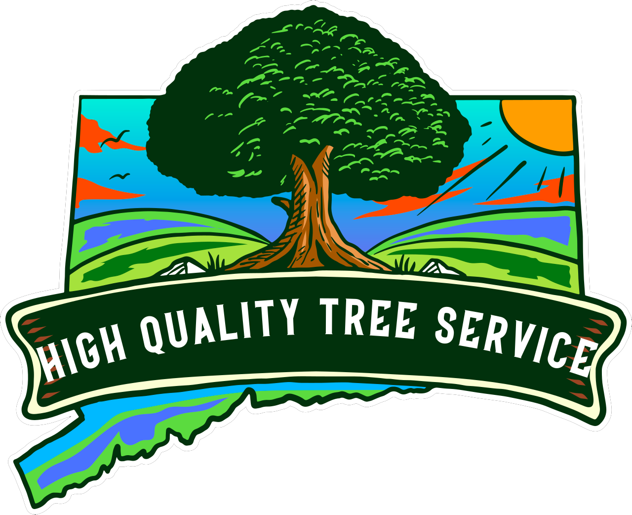 High Quality Tree Service logo with a large tree over a green landscape and sunlit sky