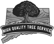 Black-and-white logo with a tree over hills and banner reading “High Quality Tree Service”