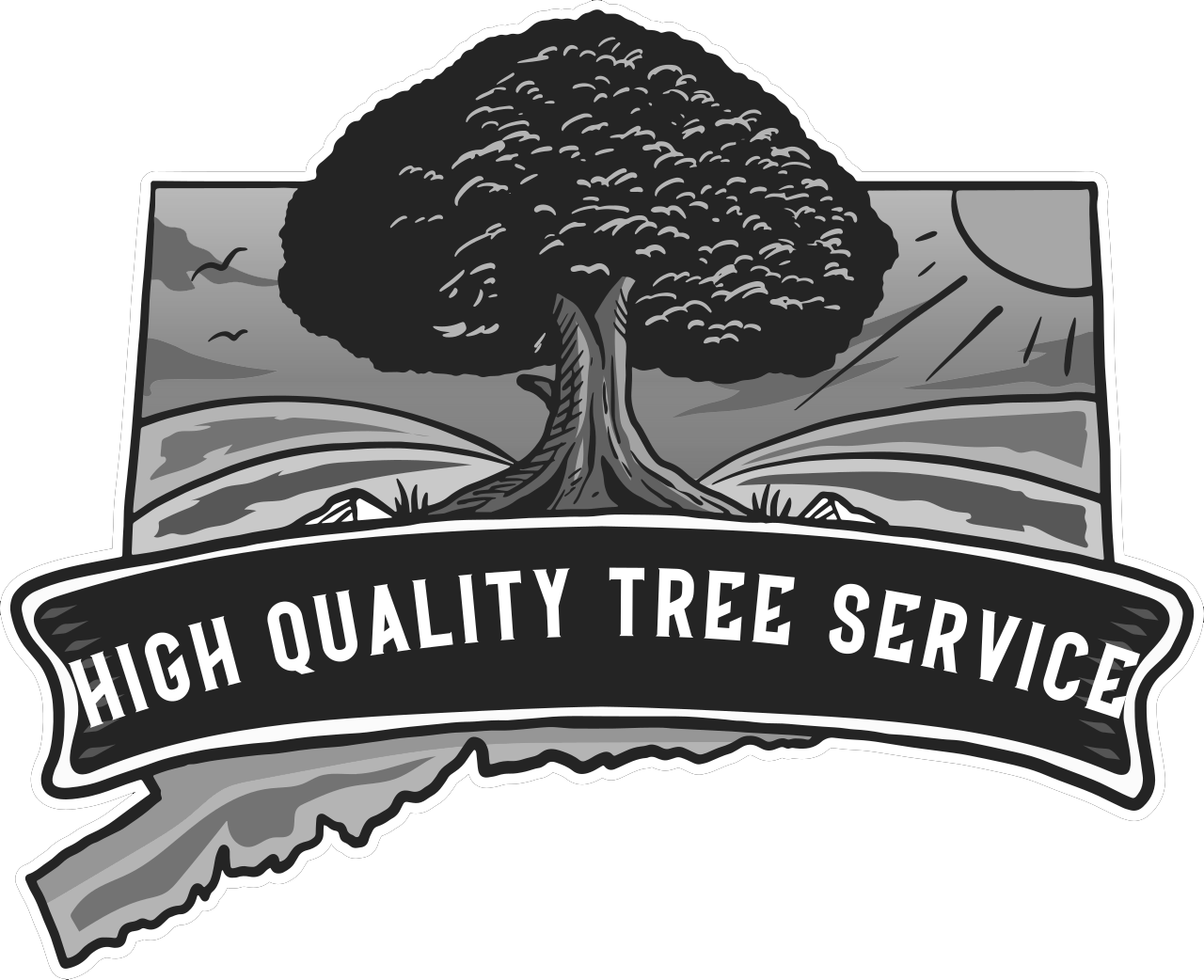 Black-and-white logo with a tree over hills and banner reading “High Quality Tree Service”