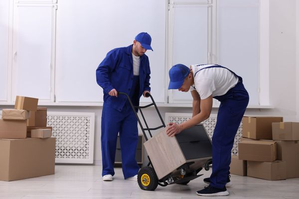 Two workers in blue uniforms load a dolly with boxes in a bright warehouse room