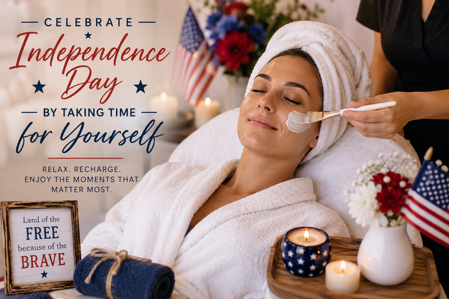 Woman relaxing during a peaceful summer spa day while celebrating the Fourth of July weekend