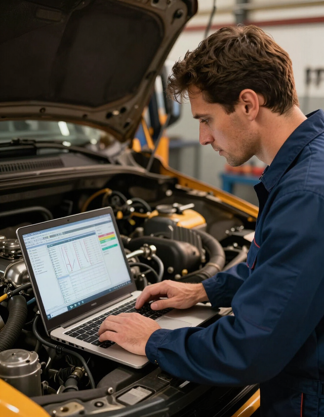 Certified diesel mechanic using diagnostic equipment beside a truck engine bay