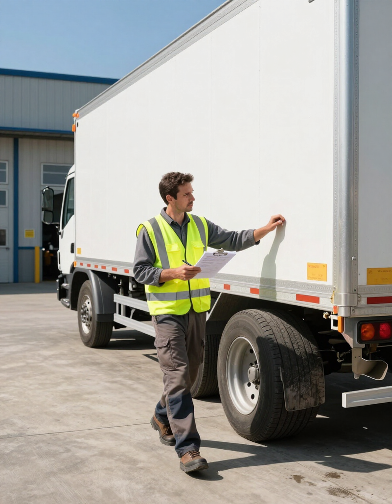 Mechanic performing COF inspection on heavy trailer outside workshop