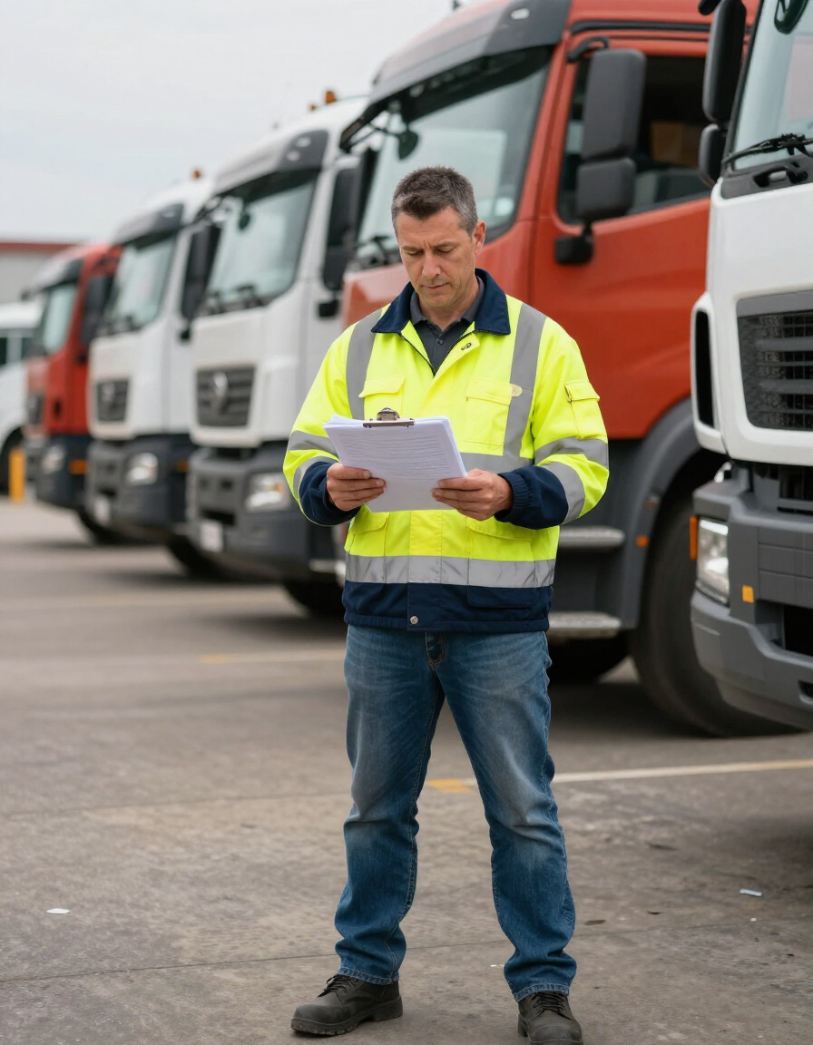 Fleet manager reviewing maintenance records with trucks in background