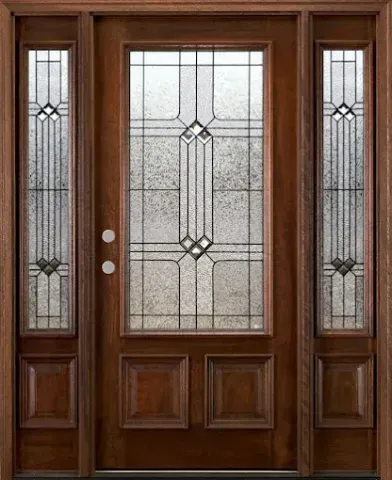 Wooden front door with decorative glass panels and sidelights