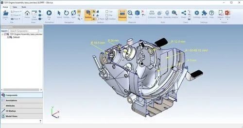 Glovius CAD viewer showing an engine assembly with measurements