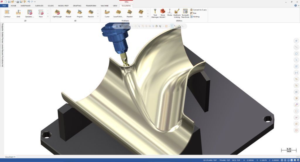 Mastercam multi-axis toolpath on a curved part