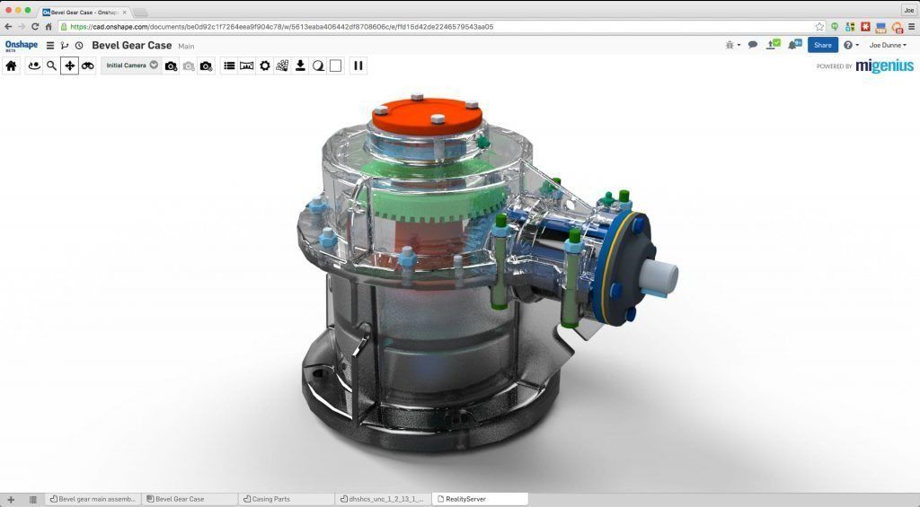 Onshape cloud CAD showing a bevel gear case assembly