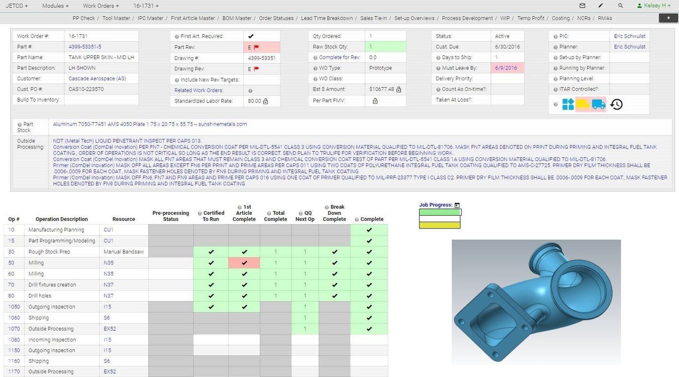 ProShop ERP work order and job progress screens