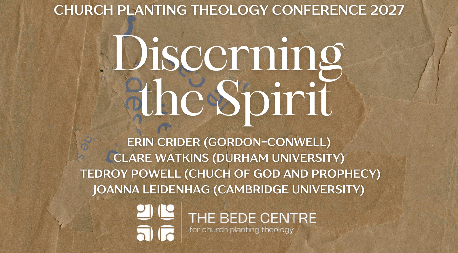 White text reading “Discerning the Spirit” and speakers on a brown paper background