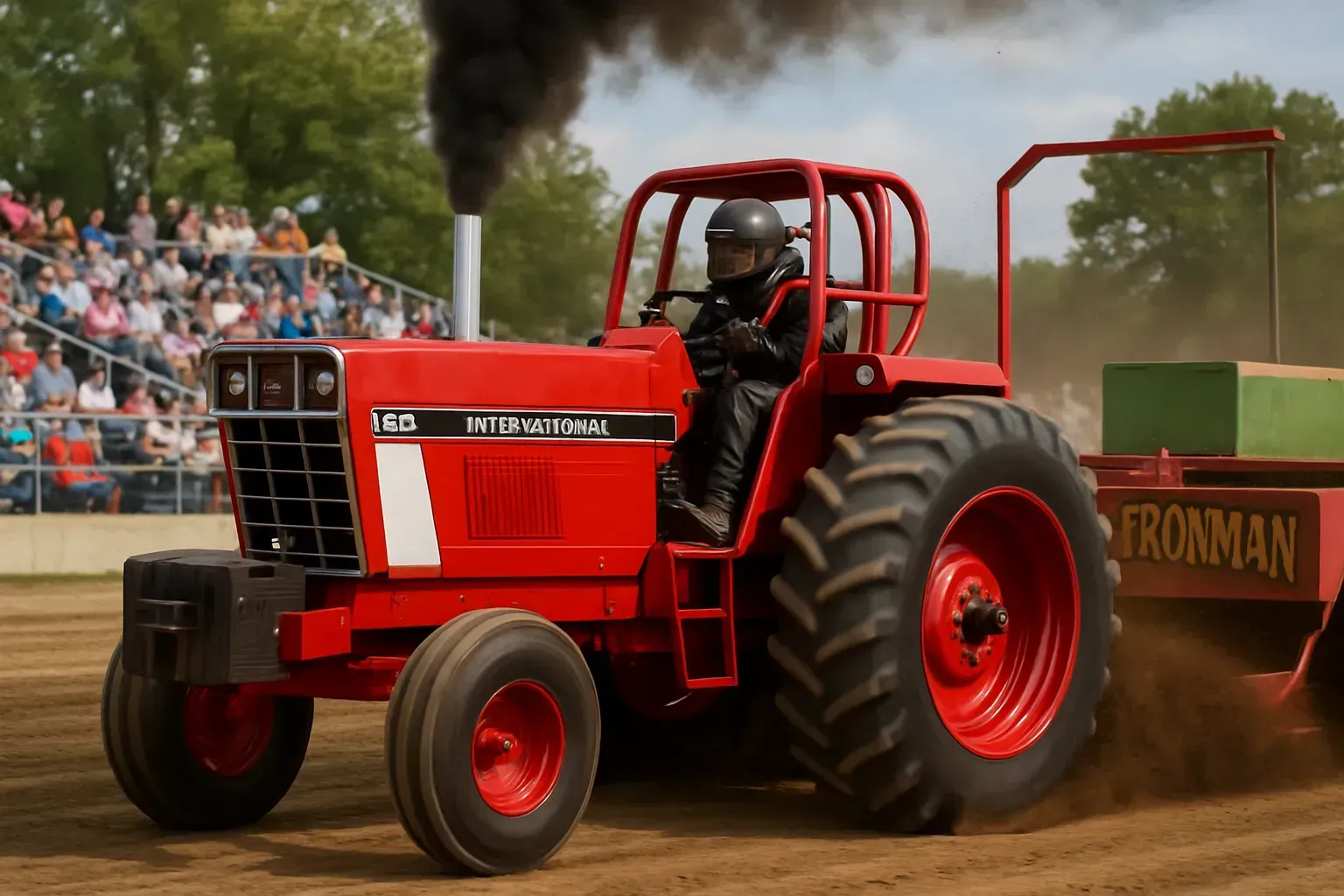 A red tractor pulling a weighted sled in a dirt arena, emitting black exhaust with a crowd of spectators in the background.