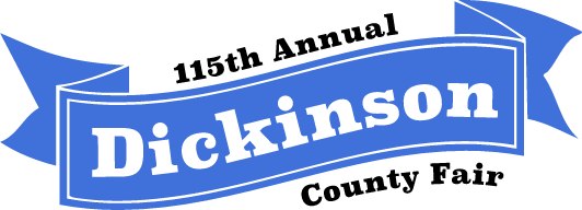 Logo for the 115th Annual Dickinson County Fair featuring white text on a blue ribbon banner.