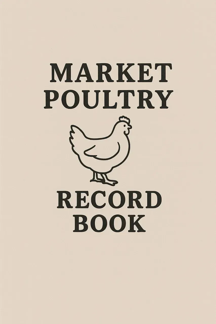 A tan-colored cover for a "Market Poultry Record Book" featuring a simple black line drawing of a chicken in the center.