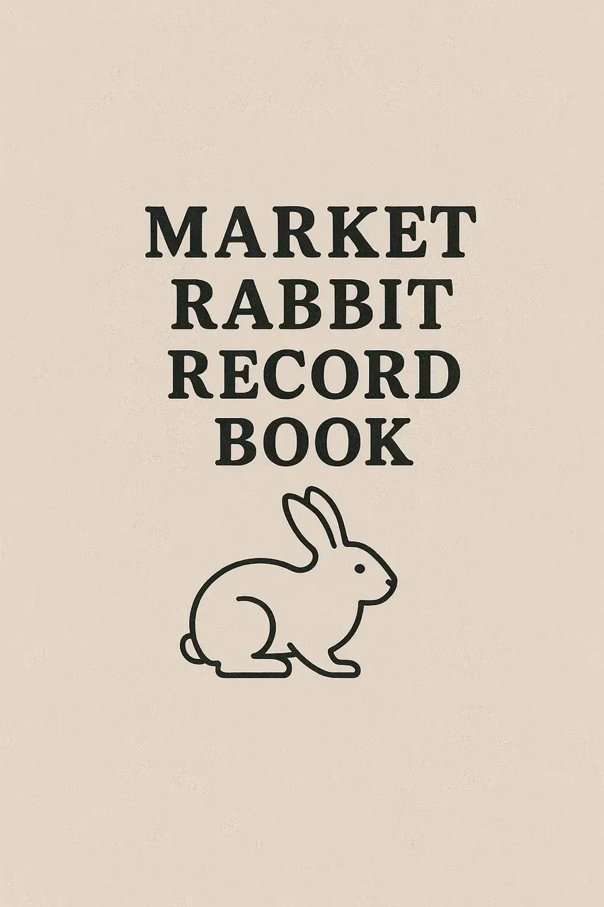 Cover page with the text "MARKET RABBIT RECORD BOOK" above a simple line-art illustration of a rabbit on a beige background.