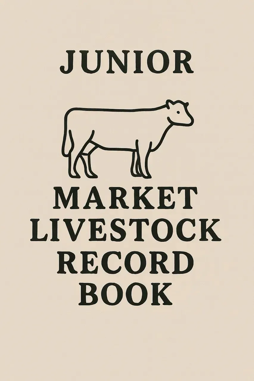 Title page text "JUNIOR MARKET LIVESTOCK RECORD BOOK" with a simple line drawing of a cow, in black on a light background.
